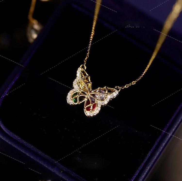 Colorful Gem Openwork Butterfly Pendants Necklace