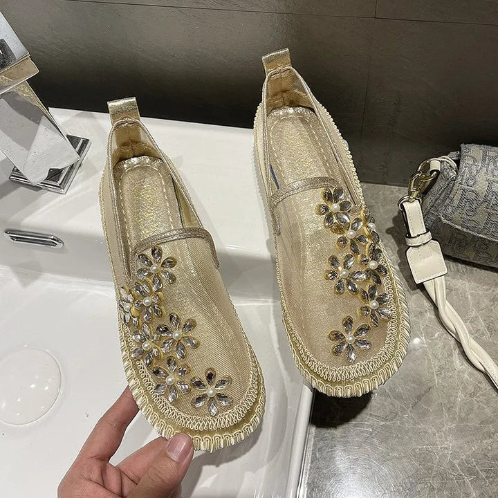Women Rhinestone Crystal Flowers Mesh Ballet Flats Walking Shoes