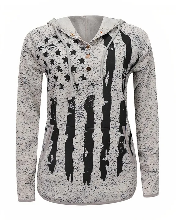 American Flag Print Button Front Pocket Detail Drawstring Hoodie
