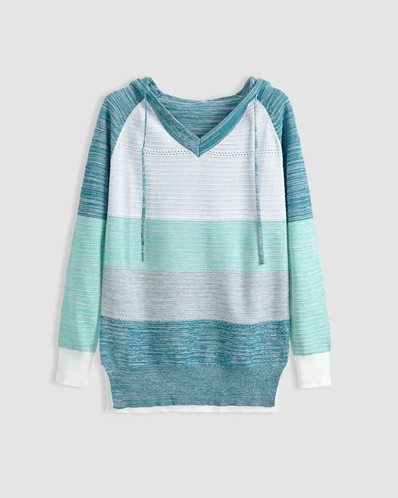 Colorblock Hollow Out Drawstring Hooded Sweater