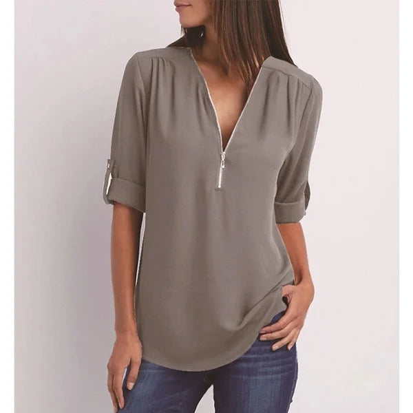 Plus Size Loose 3 4 Sleeve Zipper Blouse