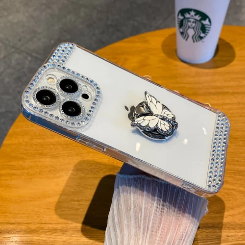 Butterfly Diamond TPU Soft Rubber Stand Cover for iPhone