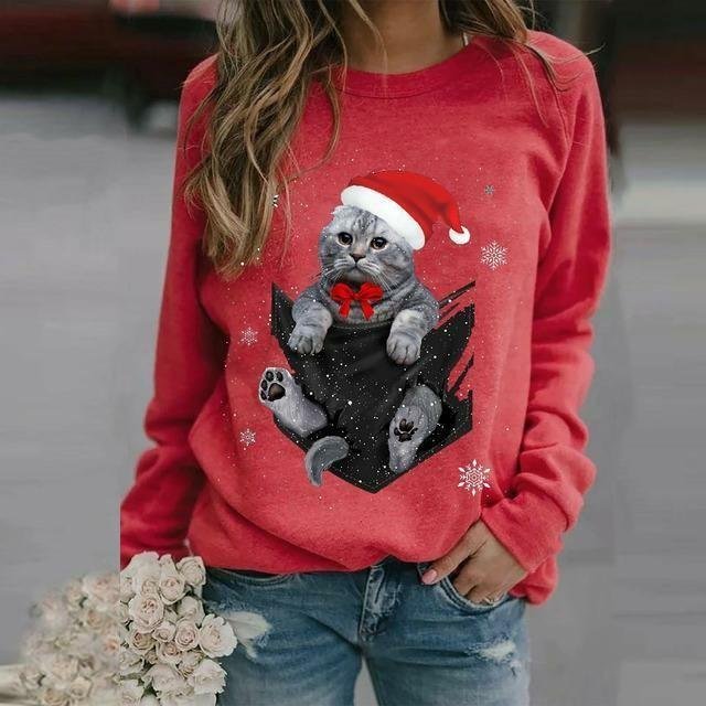 Christmas Cat Print T Shirt
