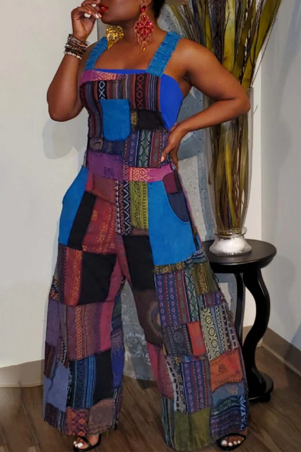 Patchwork Loose Suspender Jumpsuit