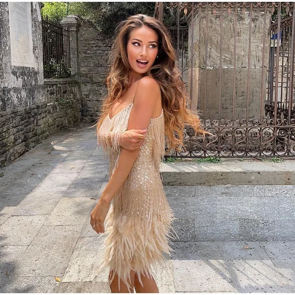 Womens Feather Fringe Sequin Spaghetti Strap Dress