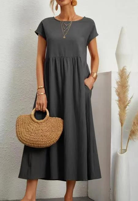 Womens Short Sleeve Cotton And Linen Dress
