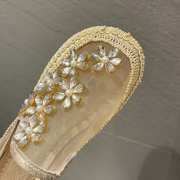 Women Rhinestone Crystal Flowers Mesh Ballet Flats Walking Shoes
