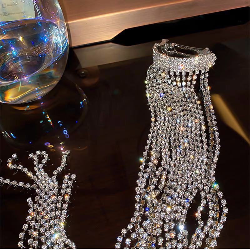 GLEAMING MULTI STRAND RHINESTONE PONYTAIL LONG TASSEL HAIR CLIP
