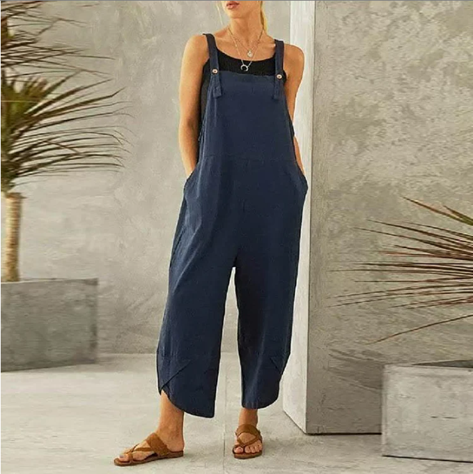 Womens Solid Color Casual Ninth Overalls