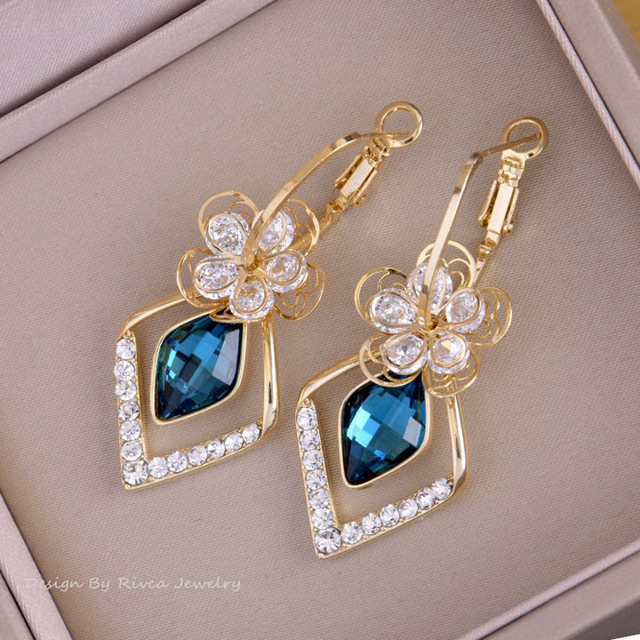 Flower Zircon Rhombic Sapphire Drop Earrings