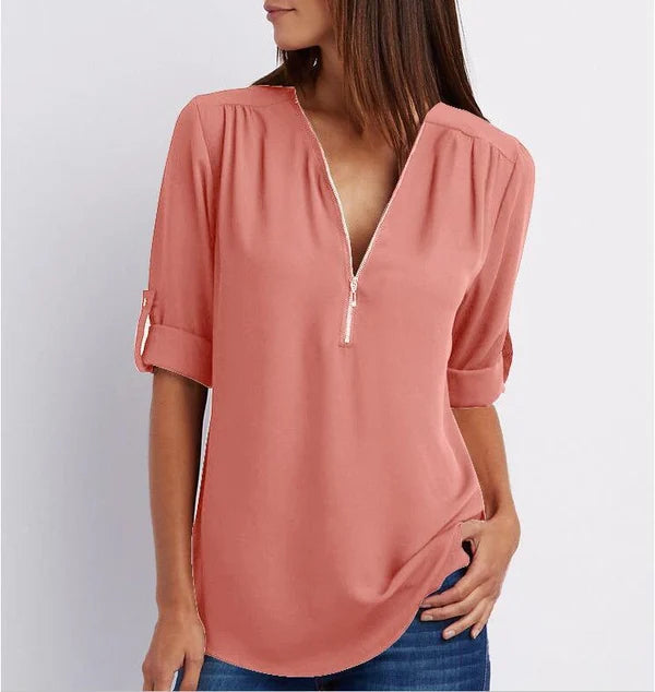 Plus Size Loose 3 4 Sleeve Zipper Blouse