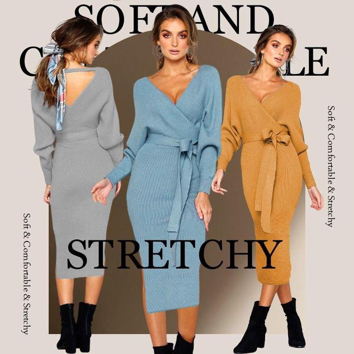 Elegant V Neck Wrap Sweater Dress