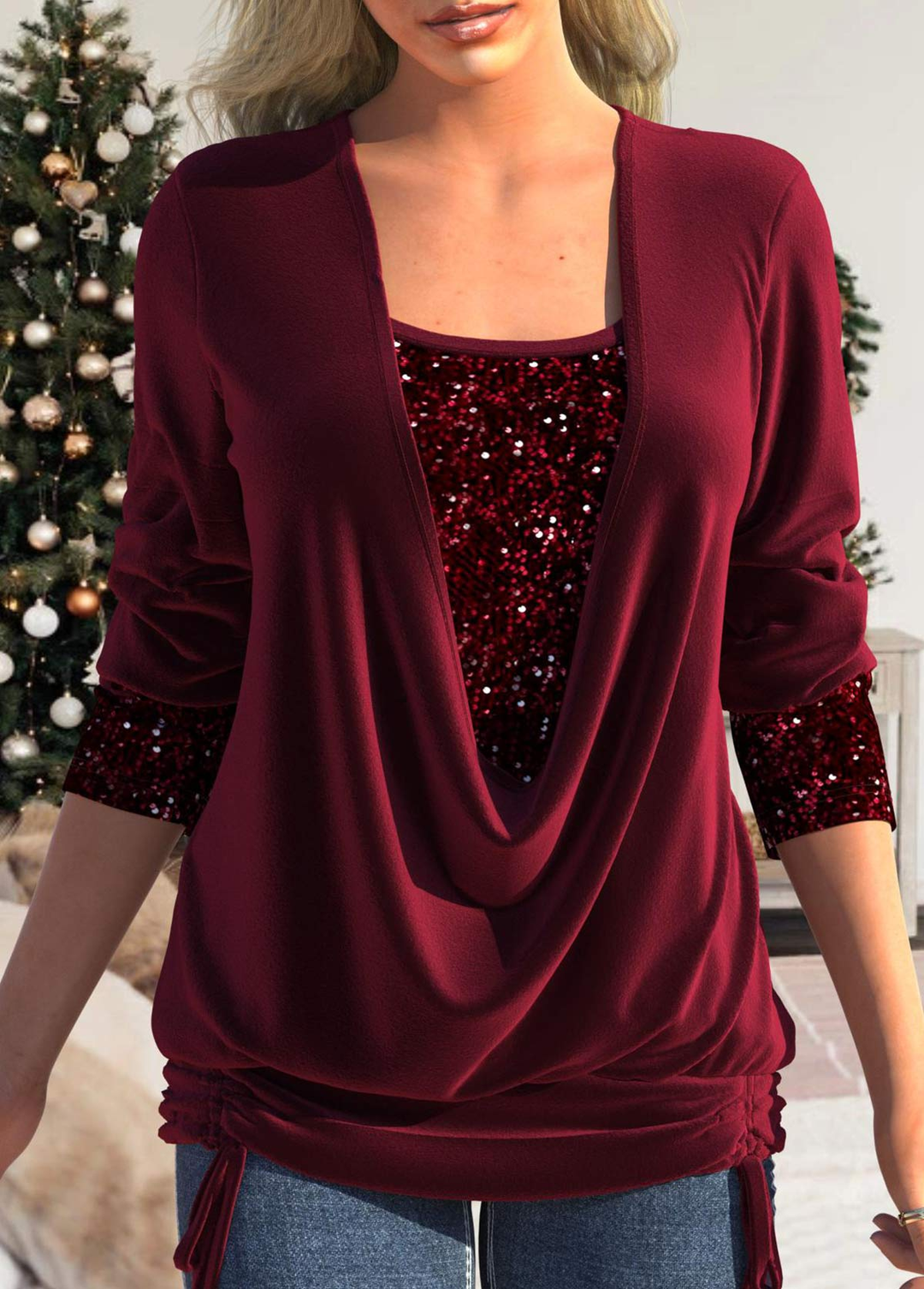 Sequin Long Sleeve Square Neck T Shirt
