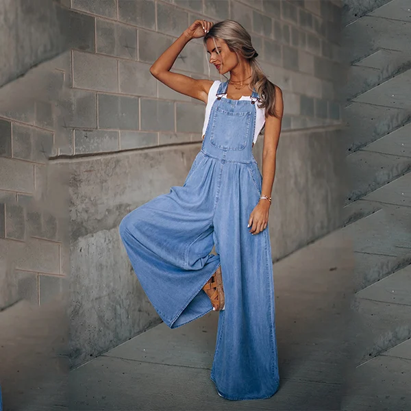 Womens Loose Adjustable Strap Wide Leg Denim