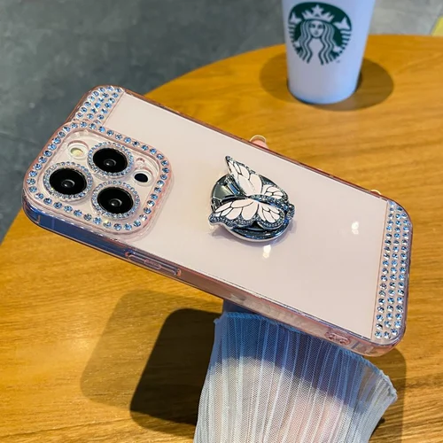 Butterfly Diamond TPU Soft Rubber Stand Cover for iPhone