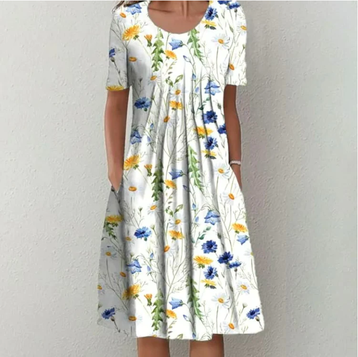 Station Spring And Summer Womens Casual Printing Round Neck Short-sleeved Dress