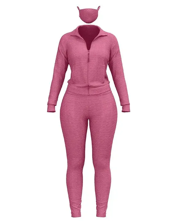 Solid Textured Dual Pocket Sports Jacket  Ruched Leggings Set With Mask