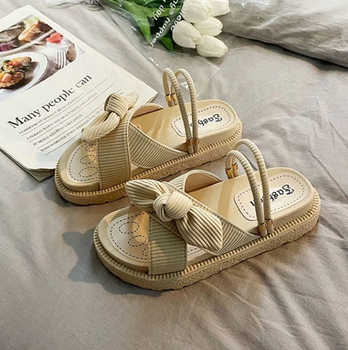 Comfortable Ribbed Corduroy Bow Slip On Sling Back Platform sandals
