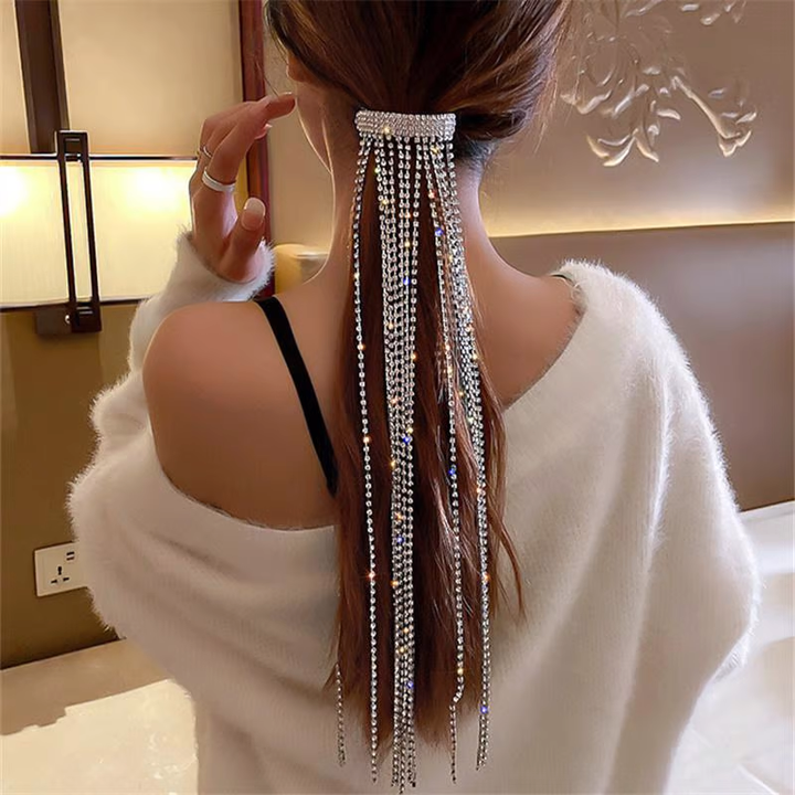 GLEAMING MULTI STRAND RHINESTONE PONYTAIL LONG TASSEL HAIR CLIP