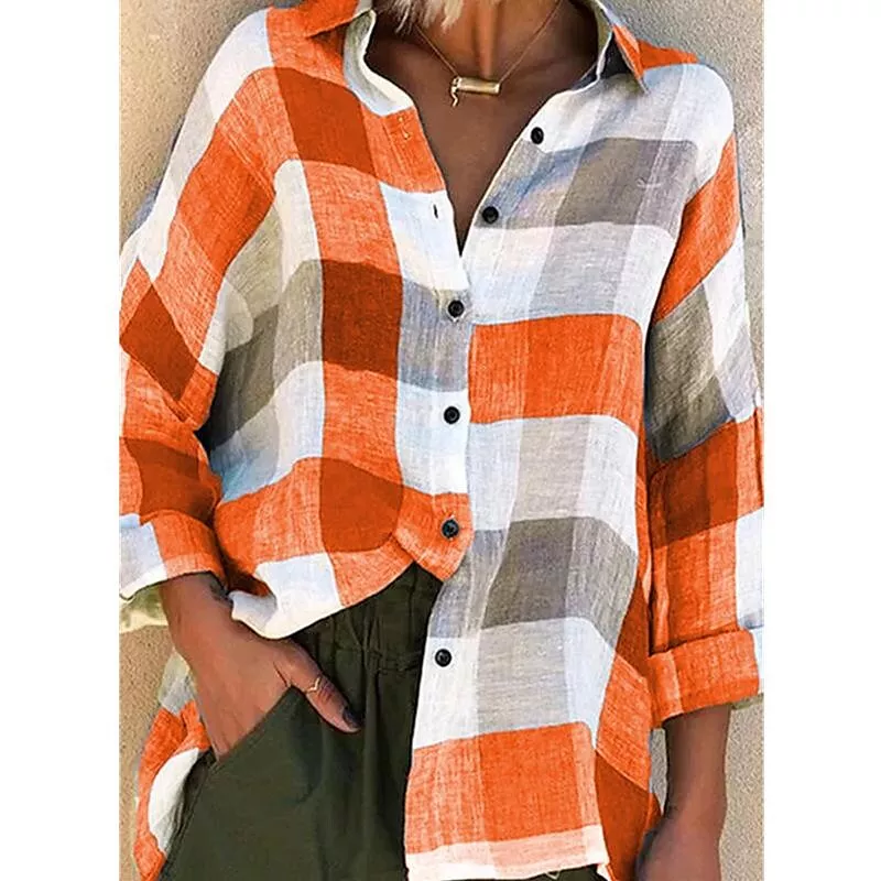 Womens Printed Long sleeved Shirt Loose Plaid Shirt