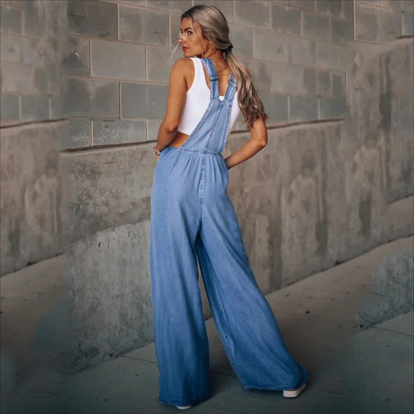 Womens Loose Adjustable Strap Wide Leg Denim