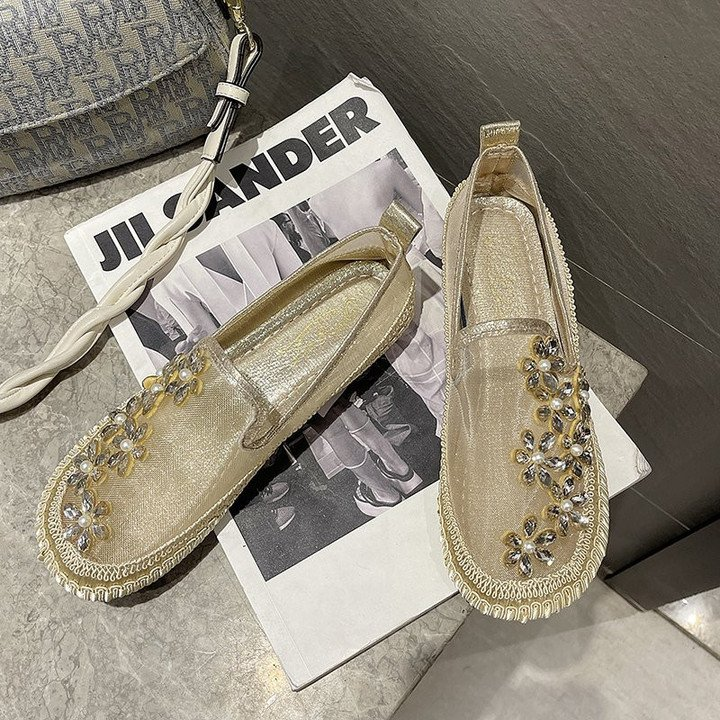 Women Rhinestone Crystal Flowers Mesh Ballet Flats Walking Shoes