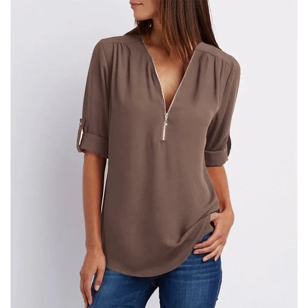 Plus Size Loose 3 4 Sleeve Zipper Blouse