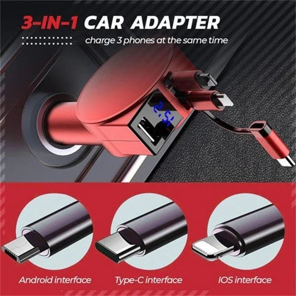 3 in 1 Retractable Fast Charging Car Adapter