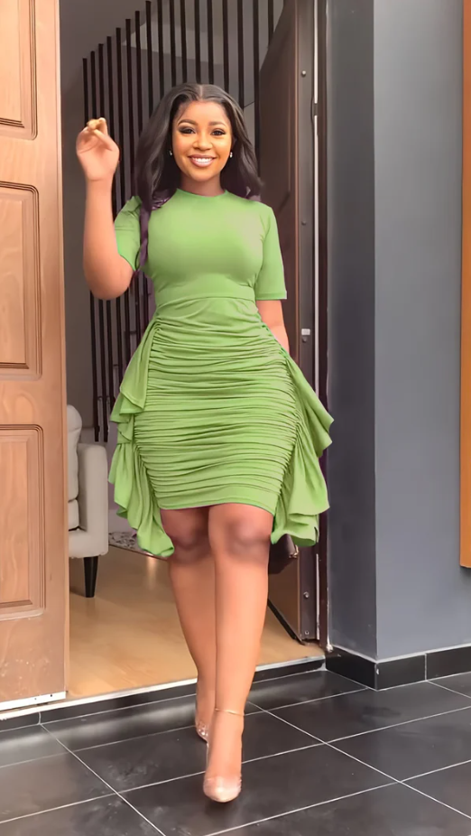 Round Neck Short Sleeve Irregular Ruffle Midi Dresses