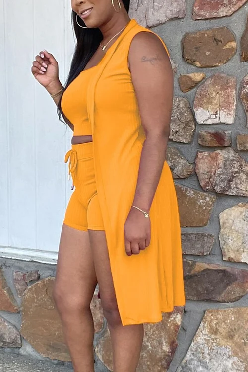 3 Piece Rib Knit Top Shorts Cardigan Set