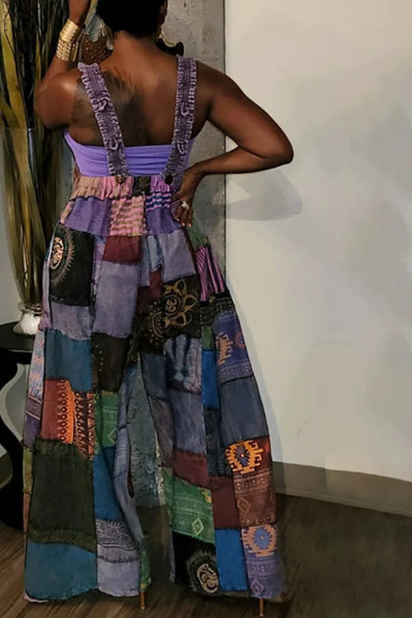 Patchwork Loose Suspender Jumpsuit