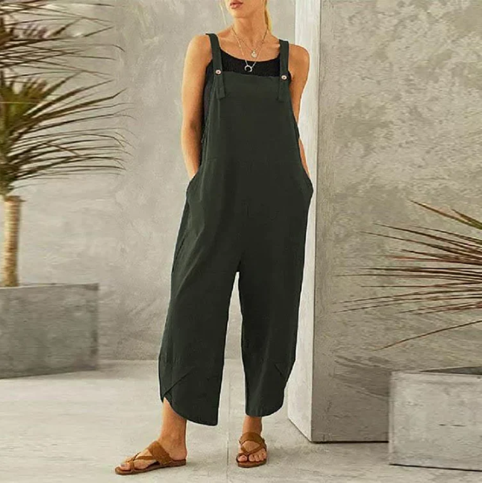 Womens Solid Color Casual Ninth Overalls