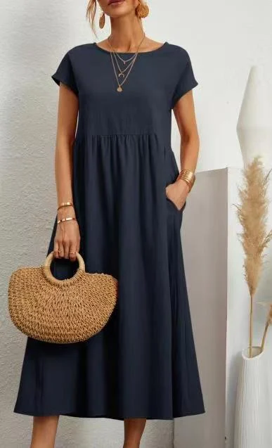 Womens Short Sleeve Cotton And Linen Dress