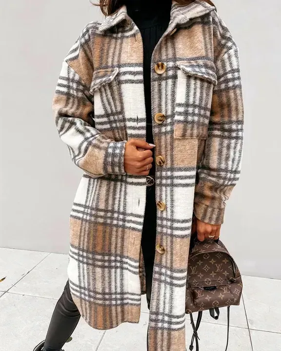 Plaid Print Patch Pocket Button Up Shacket Coat