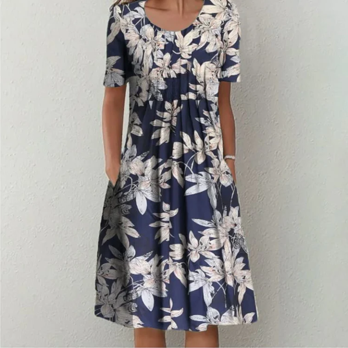 Station Spring And Summer Womens Casual Printing Round Neck Short-sleeved Dress