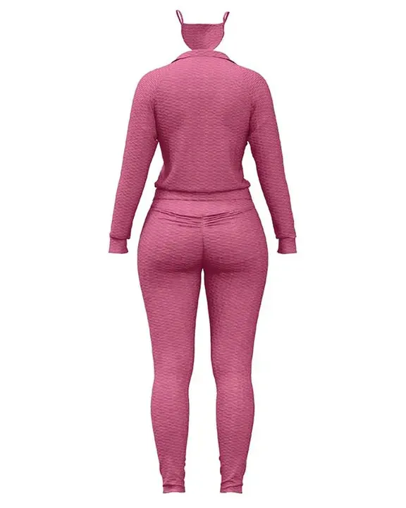 Solid Textured Dual Pocket Sports Jacket  Ruched Leggings Set With Mask