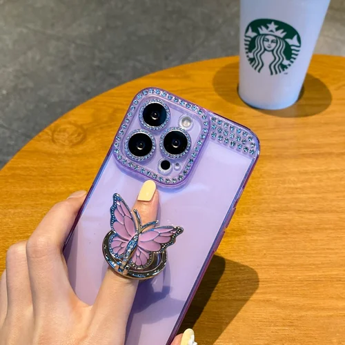Butterfly Diamond TPU Soft Rubber Stand Cover for iPhone