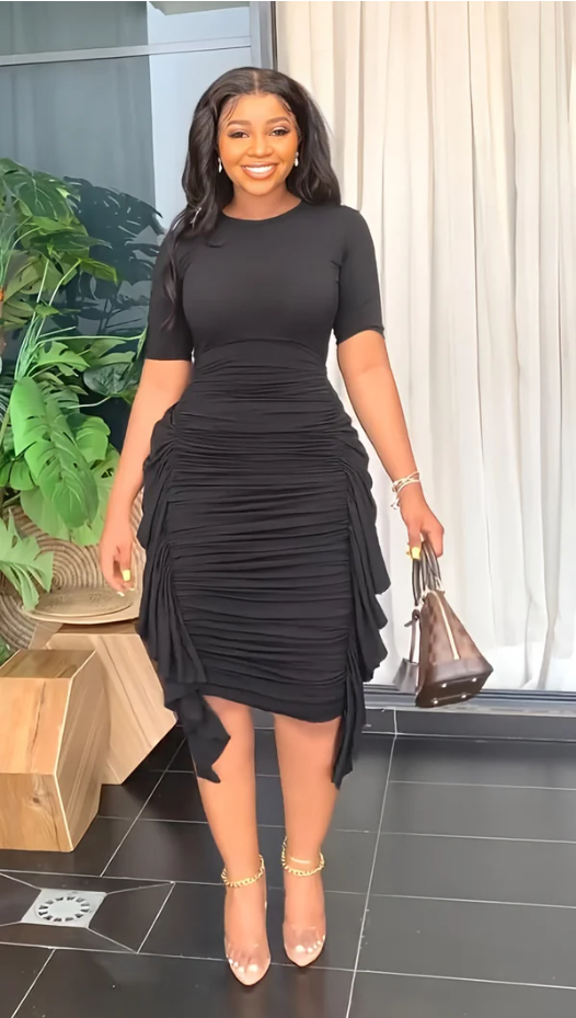 Round Neck Short Sleeve Irregular Ruffle Midi Dresses