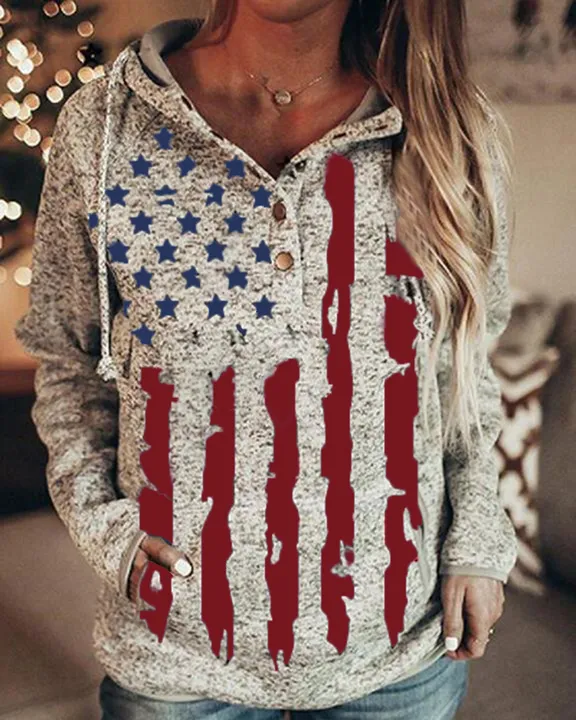 American Flag Print Button Front Pocket Detail Drawstring Hoodie