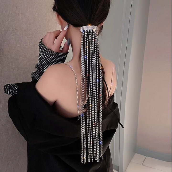 GLEAMING MULTI STRAND RHINESTONE PONYTAIL LONG TASSEL HAIR CLIP