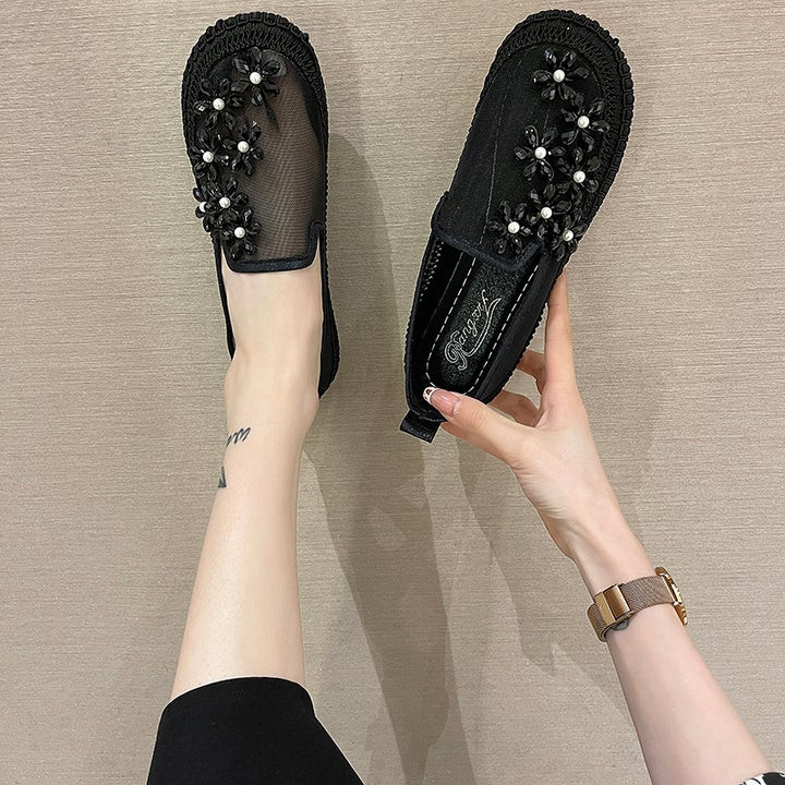 Women Rhinestone Crystal Flowers Mesh Ballet Flats Walking Shoes