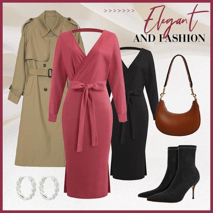 Elegant V Neck Wrap Sweater Dress