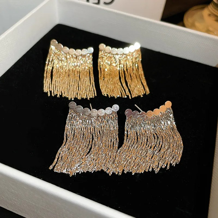 CURVED BAR LONG TASSEL EARRINGS