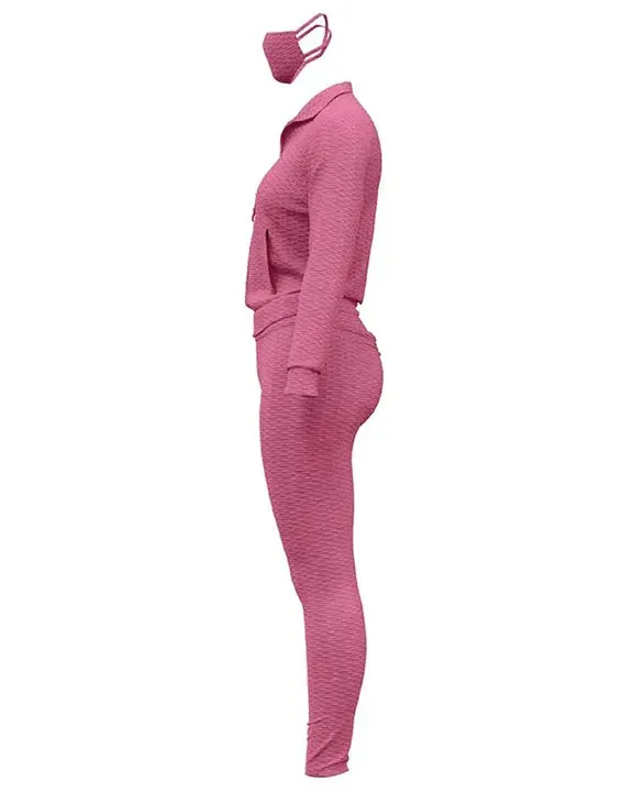 Solid Textured Dual Pocket Sports Jacket  Ruched Leggings Set With Mask