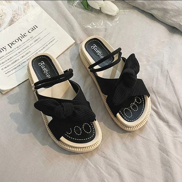 Comfortable Ribbed Corduroy Bow Slip On Sling Back Platform sandals