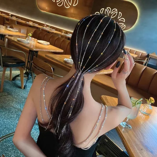 Coloured Rhinestone Chain Tassel Hair Clips Headband for Bride