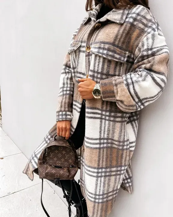 Plaid Print Patch Pocket Button Up Shacket Coat