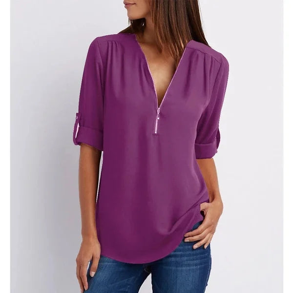 Plus Size Loose 3 4 Sleeve Zipper Blouse