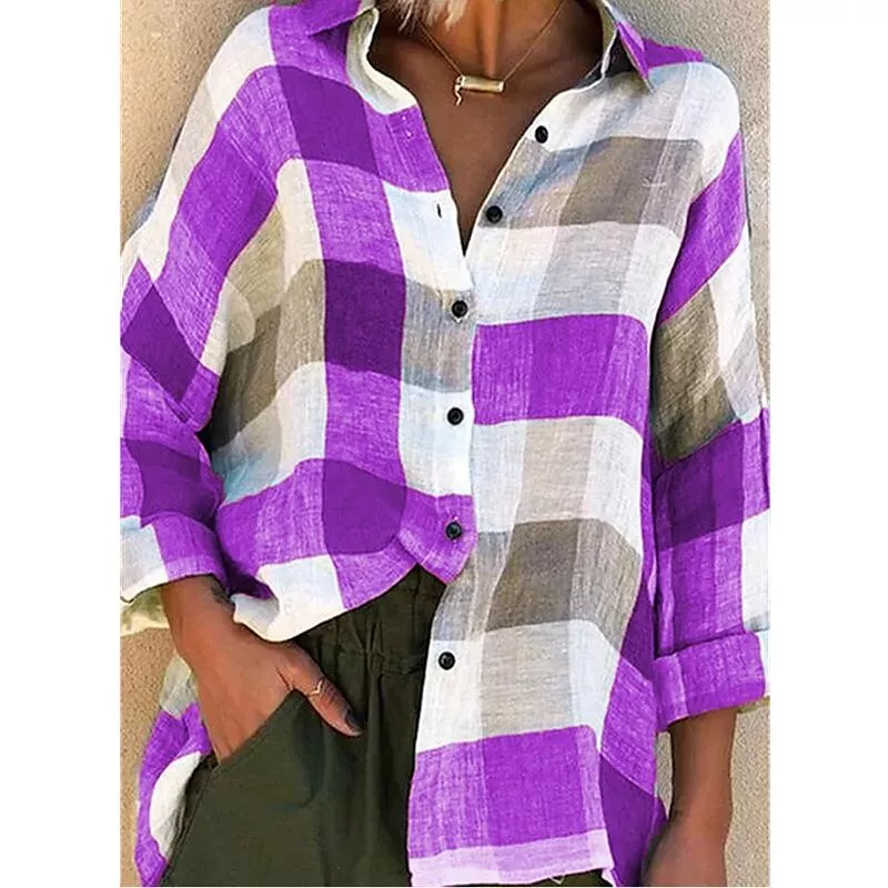 Womens Printed Long sleeved Shirt Loose Plaid Shirt