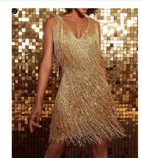 Womens Feather Fringe Sequin Spaghetti Strap Dress